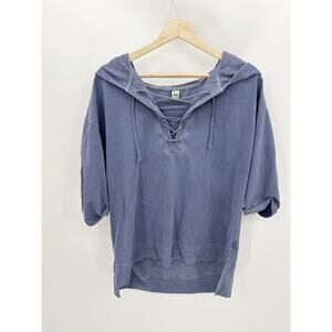 Green Tea Top Women XL Blue Short Half Sleeve Hooded Lace-Up Pullover Hoodie